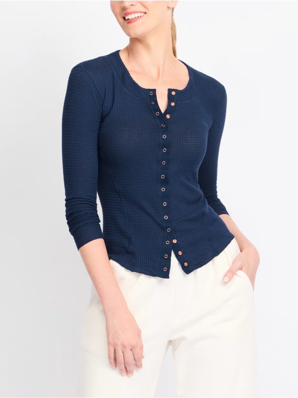 Women's Navy Waffle Henley Long-Sleeve Top